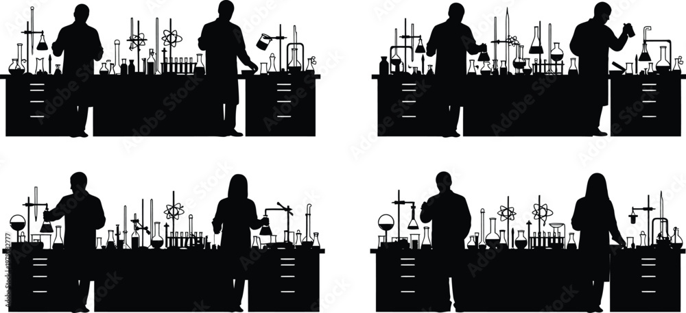 Obraz premium Scientists Working in Lab Silhouettes