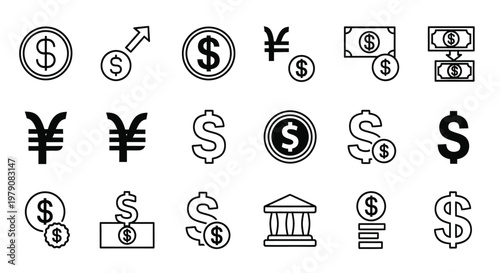 Various currency symbols and financial icons displayed in a simple black and white style