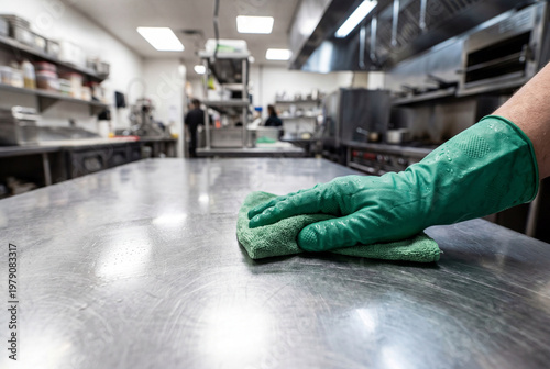 Cleaner wiping stainless steel table in commercial kitchen
