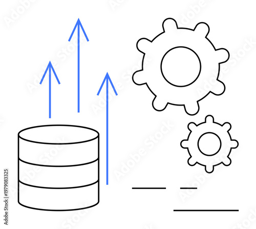 Data management, technology processes, system optimization, digital transformation, business growth, software development. Database with upward arrows and mechanical gears. Data management