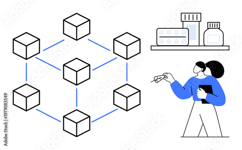 Blockchain, pharmaceuticals, healthcare innovation, supply chain transparency, medical research, secure data management. Connected blocks and a scientist near medication. Blockchain