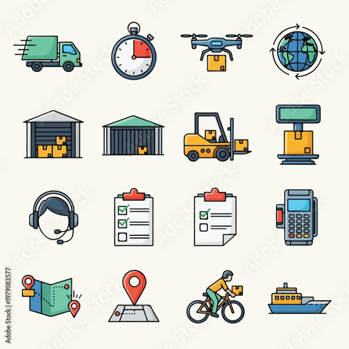 Vector icons depicting delivery and logistics symbols in a flat style
