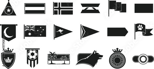 Set of black flag icons and heraldic shield silhouettes, isolated national pennant vector illustrations, world sports trophy graphic design elements.