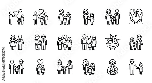 Collection of diverse family unit icons in a linear style