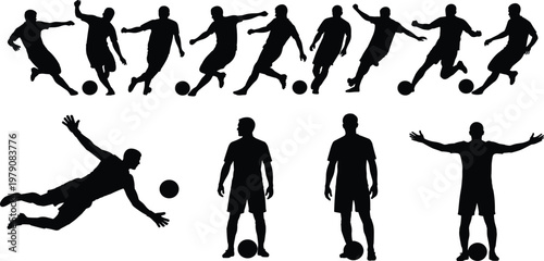 Set of black soccer player silhouettes, football athletes kicking ball, goalkeeper diving, isolated vector illustrations, sports graphic design elements, professional.