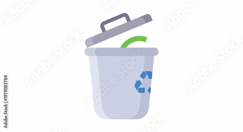 A gray recycling bin is open and has a green object inside