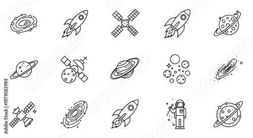 Space exploration icons rockets planets satellites and an astronaut