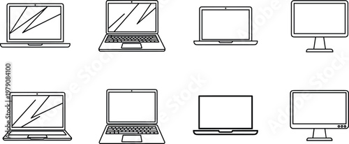 Set of laptop and desktop monitor line icons, isolated computer vector illustrations, electronic device digital hardware graphic design elements, technology.