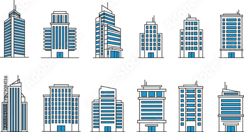 Set of modern office building line icons, isolated skyscraper vector illustrations, city architecture exterior digital hardware graphic design elements, urban.