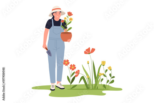 Woman Carrying Potted Flower in the Garden. Illustration of a woman in overalls holding a potted flower and a small shovel, ready to plant in her beautiful garden
