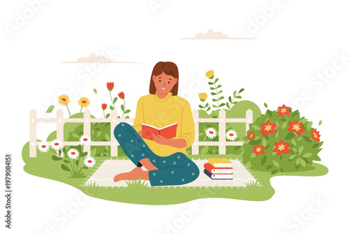 Woman Reading a Book in a Peaceful Flower Garden. A peaceful illustration of a woman sitting on a blanket and reading a book surrounded by blooming flowers and a white fence.