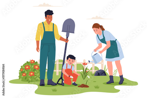 Family Gardening Together in the Backyard. Illustration of a father, mother, and child working together to plant flowers in their family garden, fostering teamwork and nature care