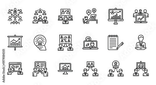 Collection of business and teamwork related line icons in black and white