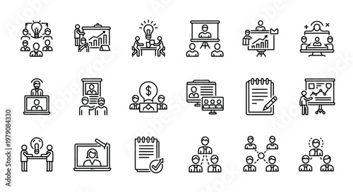 Business meetings and professional collaboration illustrated with line icons