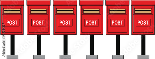 Set of red public mailbox illustrations, isolated post box vector graphics, mail delivery communication service graphic design elements, traditional post.