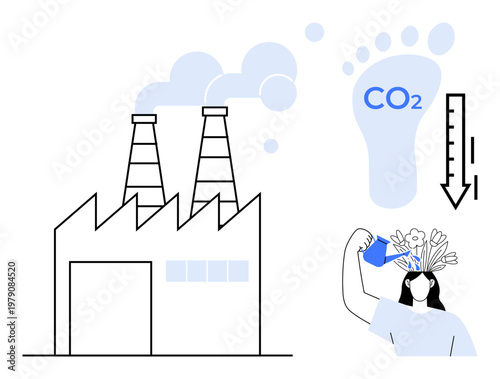Environmental awareness, carbon footprint reduction, renewable energy, climate change, sustainable living, eco-conscious habits. Factory emitting smoke, CO2 footprint, person promoting greenery