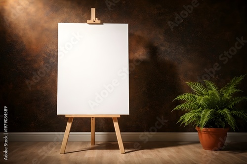 A blank white canvas on a wooden easel, set against a dark textured wall with a green fern in a pot beside it. Dramatic spotlighting.