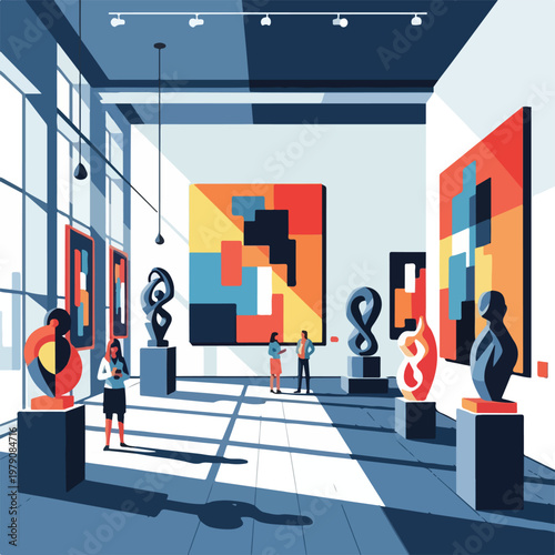 Illustration of a museum interior, featuring abstract art and sculptures