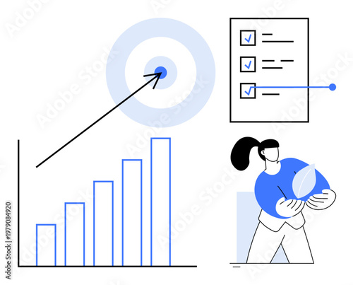 Business growth, goal setting, sustainability, productivity, strategy, success. Bar graph, checklist and a person holding a nature icon. Business growth and goal setting are highlighted