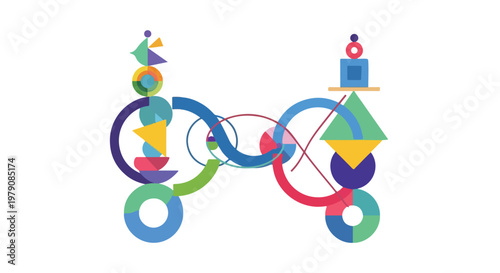 A colorful abstract graphic with interconnected shapes and lines