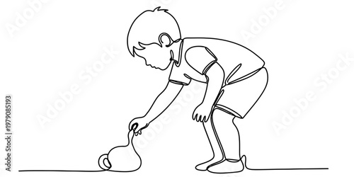 A single continuous line drawing of a young boy leaning over to play with a small toy kettle toy