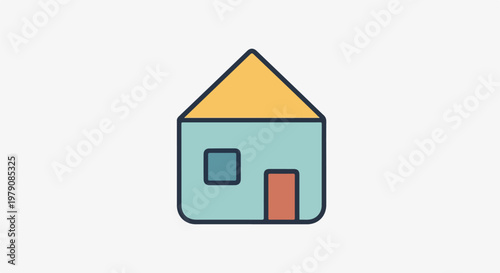 A simple house icon with a yellow roof, blue body, and orange door