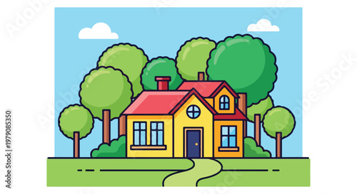Colorful Cartoon House with Red Roof.