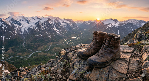 Weathered leather hiking boots on a rocky mountain ledge with a panoramic snow-capped sunrise view