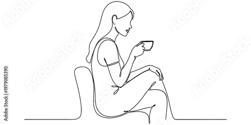A single line drawing of a relaxed woman sitting in a chair and enjoying a warm cup of coffee