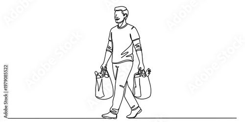 A continuous line drawing of a man walking while carrying two bags filled with groceries at home