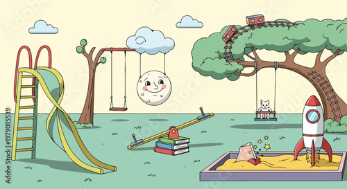 Children Playground with Rocket and Slide.