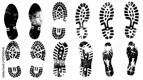 Collection of black and white shoe sole impressions arranged in rows