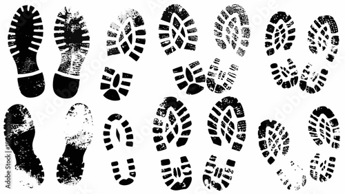 Collection of black footprints and shoe sole impressions on white background
