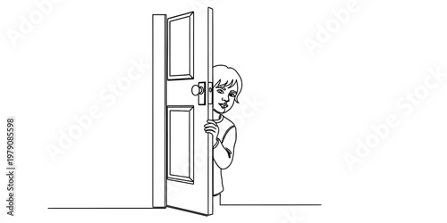 A black and white line drawing of a shy young child peeking from behind an open wooden house door