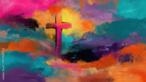 A vibrant painting depicts a pink Christian cross silhouetted against a colorful, abstract sky.