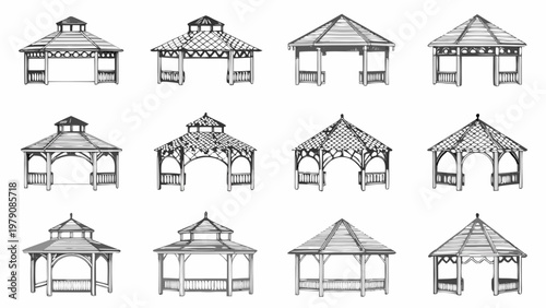 Variety of gazebo designs illustrated in a black and white sketch style