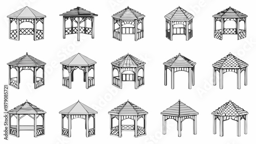 Collection of architectural drawings depicting various gazebo and structure designs