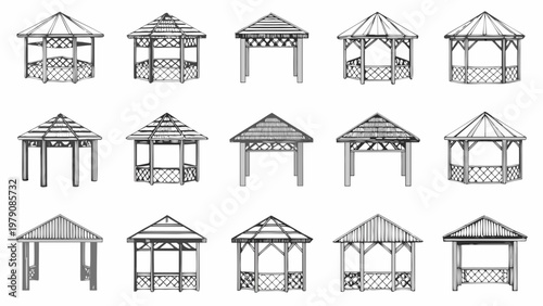Collection of various gazebo designs in a black and white sketch