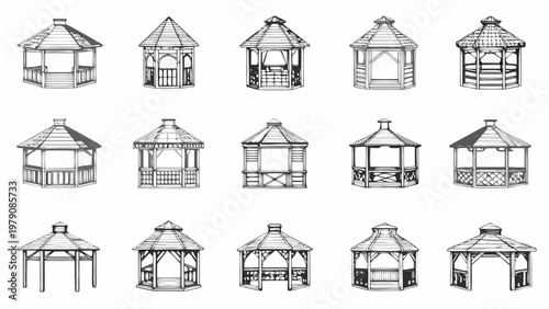 Collection of various gazebo designs in black and white sketches