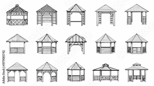 Collection of hand drawn gazebo and garden structure illustrations in monochrome