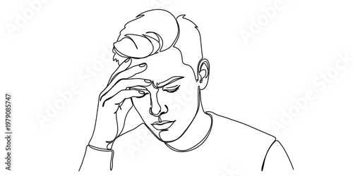 A black and white line drawing of a young man looking stressed with his hand on his forehead.