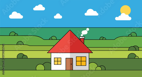 A simple house with a red roof and white walls