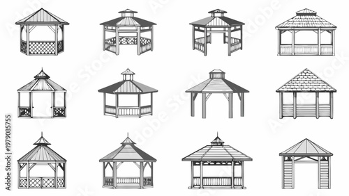 Collection of various gazebo designs in a black and white illustration