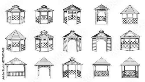 Collection of hand drawn gazebo and garden structure illustrations