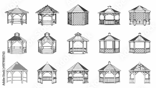 Collection of vintage gazebo illustrations in a black and white style