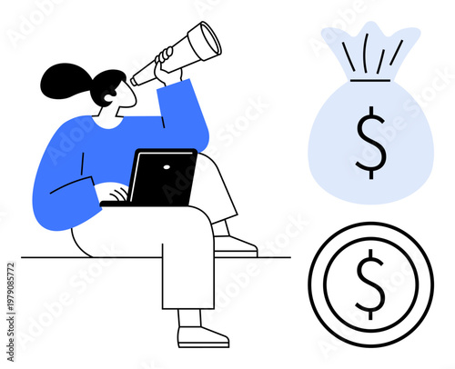 Financial planning, personal finance, investment strategies, modern technology, budgeting tools, wealth growth. A person sitting with a laptop and telescope, alongside a money bag and dollar symbol