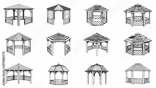 Collection of various black and white gazebo designs on a white background