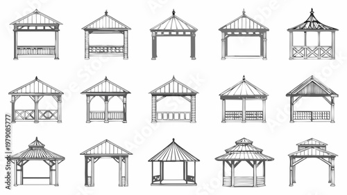 Collection of various gazebo designs illustrated in black and white sketches