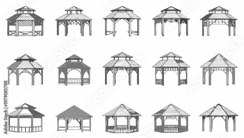 Collection of grayscale illustrations depicting various gazebo designs and structures