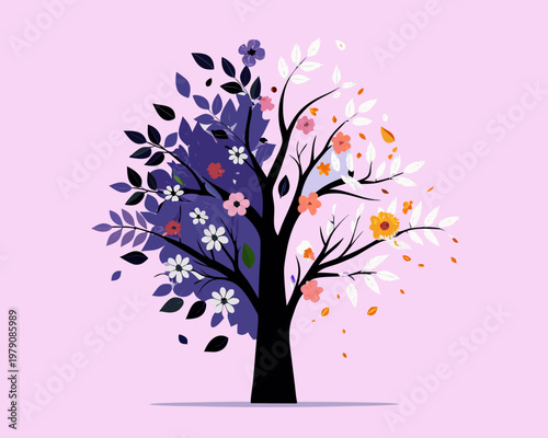 Stylized tree with colorful foliage representing seasonal changes and growth